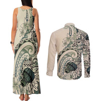 Aloha Hawaii Tapa Couples Matching Tank Maxi Dress and Long Sleeve Button Shirt Summer Green Hawaiian Ipu - Polynesian Pride