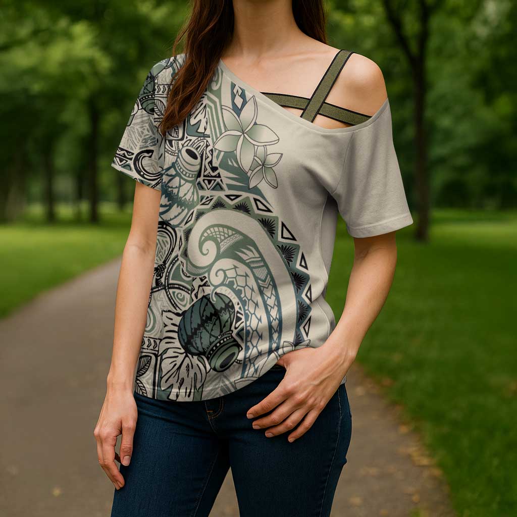 Aloha Hawaii Tapa Cross Shoulder Shirt Summer Green Hawaiian Ipu - Polynesian Pride