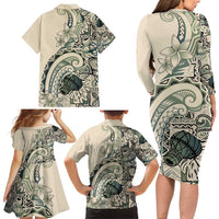 Aloha Hawaii Tapa Family Matching Long Sleeve Bodycon Dress and Hawaiian Shirt Summer Green Hawaiian Ipu - Polynesian Pride