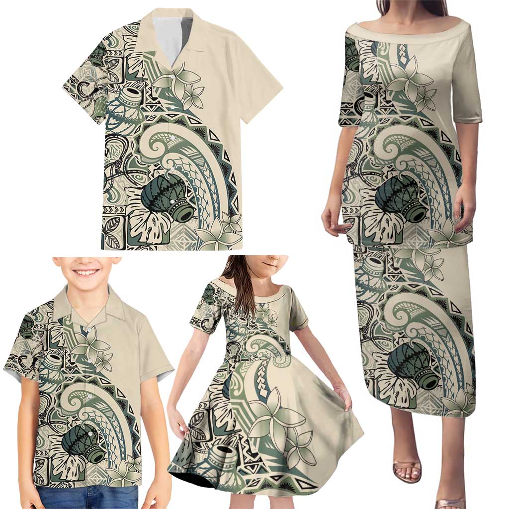 Aloha Hawaii Tapa Family Matching Puletasi and Hawaiian Shirt Summer Green Hawaiian Ipu - Polynesian Pride