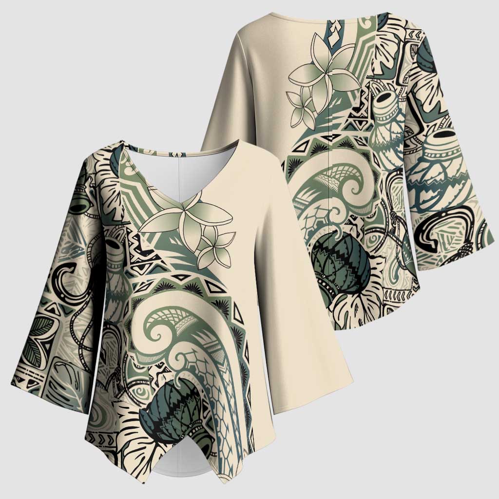 Aloha Hawaii Tapa Kimono Sleeve Blouse Summer Green Hawaiian Ipu - Polynesian Pride