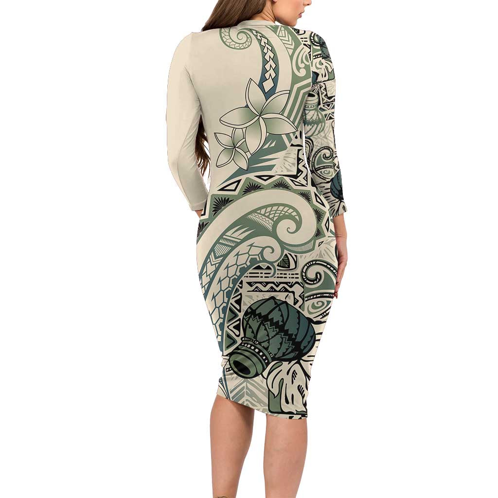 Aloha Hawaii Tapa Long Sleeve Bodycon Dress Summer Green Hawaiian Ipu - Polynesian Pride