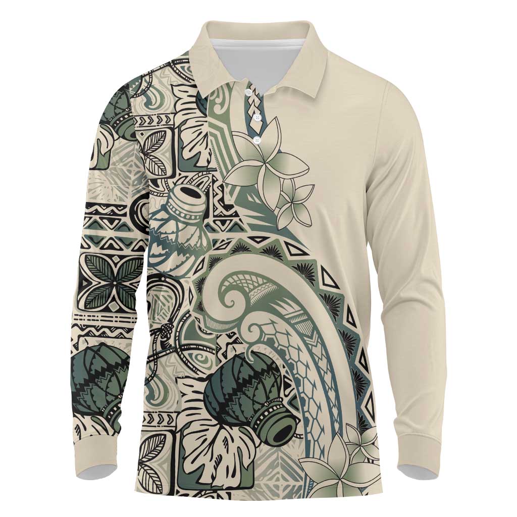 Aloha Hawaii Tapa Long Sleeve Polo Shirt Summer Green Hawaiian Ipu - Polynesian Pride