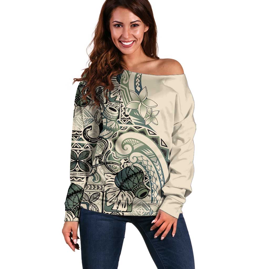 Aloha Hawaii Tapa Off Shoulder Sweater Summer Green Hawaiian Ipu - Polynesian Pride