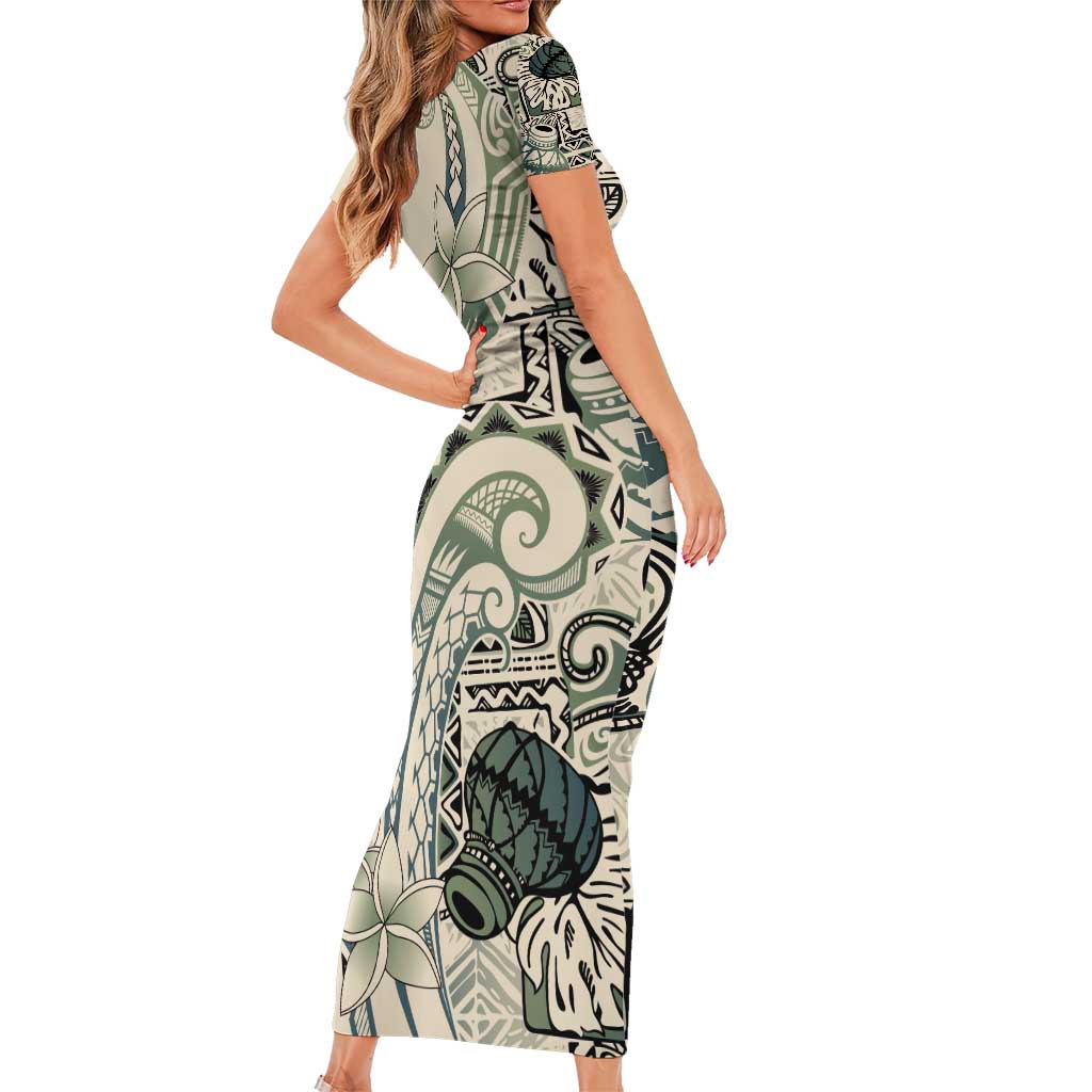 Aloha Hawaii Tapa Short Sleeve Bodycon Dress Summer Green Hawaiian Ipu - Polynesian Pride