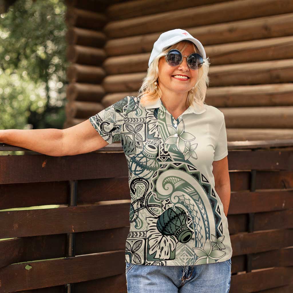 Aloha Hawaii Tapa Women Polo Shirt Summer Green Hawaiian Ipu - Polynesian Pride