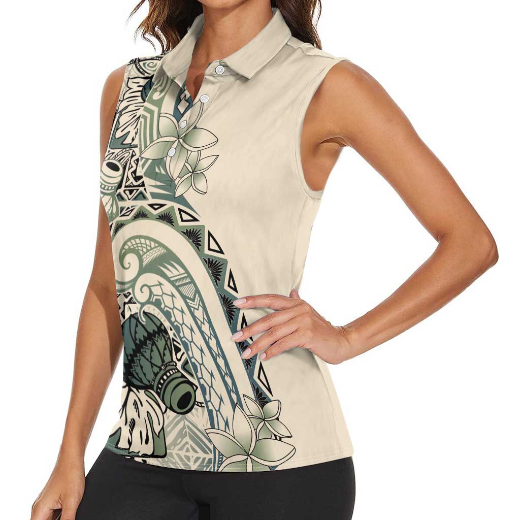 Aloha Hawaii Tapa Women Sleeveless Polo Shirt Summer Green Hawaiian Ipu - Polynesian Pride