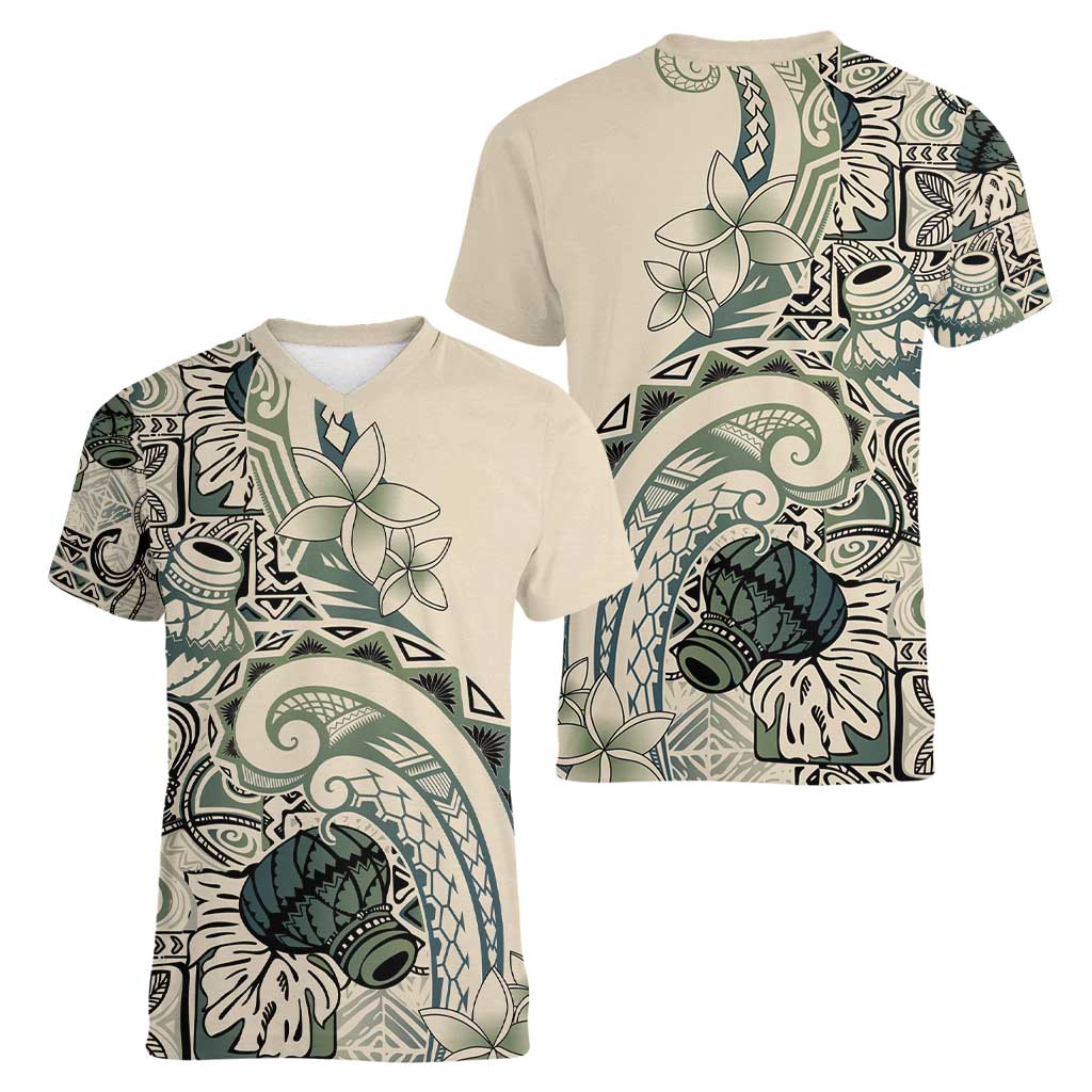 Aloha Hawaii Tapa Women V-Neck T-Shirt Summer Green Hawaiian Ipu - Polynesian Pride