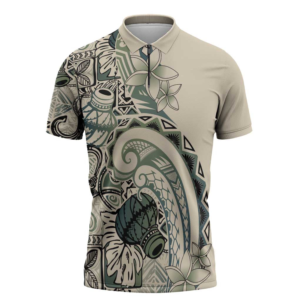 Aloha Hawaii Tapa Zipper Polo Shirt Summer Green Hawaiian Ipu - Polynesian Pride