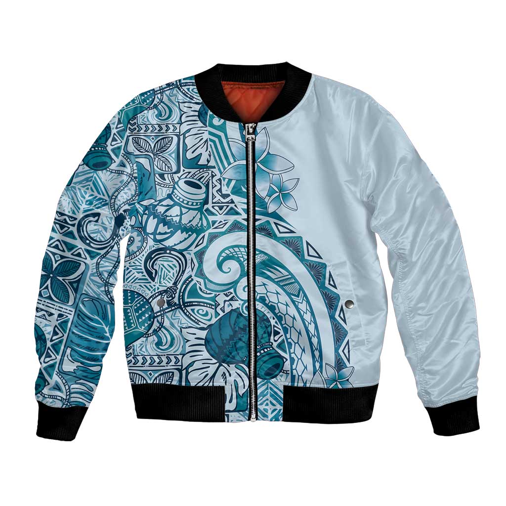 Aloha Hawaii Tapa Bomber Jacket Cool Turquoise Hawaiian Ipu LT7 Unisex Turquoise - Polynesian Pride