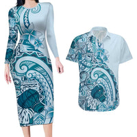 Aloha Hawaii Tapa Couples Matching Long Sleeve Bodycon Dress and Hawaiian Shirt Cool Turquoise Hawaiian Ipu - Polynesian Pride