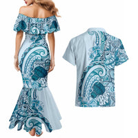 Aloha Hawaii Tapa Couples Matching Mermaid Dress and Hawaiian Shirt Cool Turquoise Hawaiian Ipu - Polynesian Pride