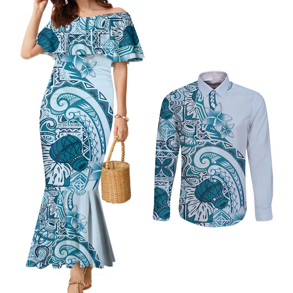 Aloha Hawaii Tapa Couples Matching Mermaid Dress and Long Sleeve Button Shirt Cool Turquoise Hawaiian Ipu - Polynesian Pride