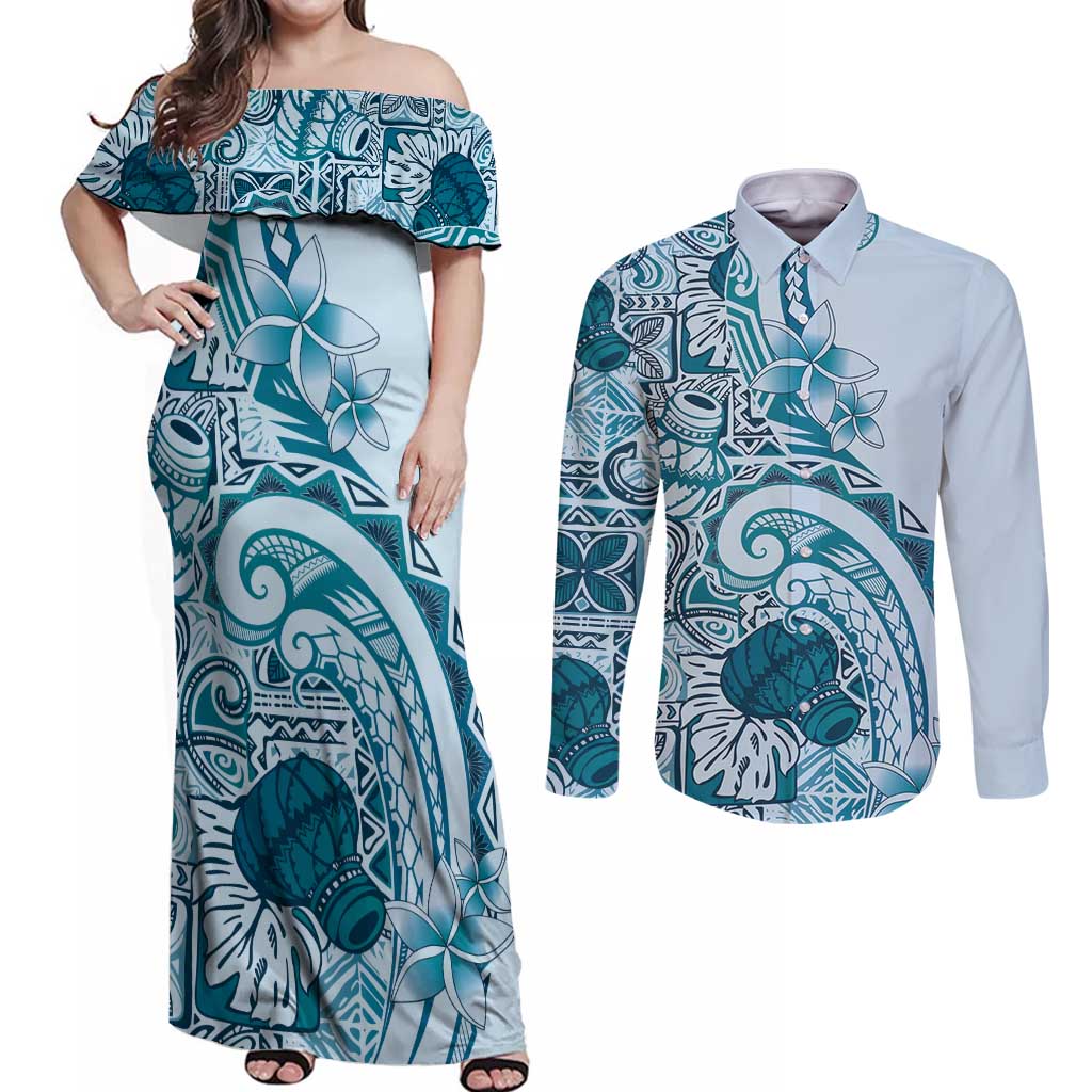 Aloha Hawaii Tapa Couples Matching Off Shoulder Maxi Dress and Long Sleeve Button Shirt Cool Turquoise Hawaiian Ipu LT7 Turquoise - Polynesian Pride