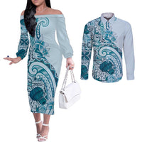 Aloha Hawaii Tapa Couples Matching Off The Shoulder Long Sleeve Dress and Long Sleeve Button Shirt Cool Turquoise Hawaiian Ipu - Polynesian Pride