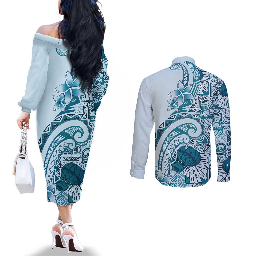 Aloha Hawaii Tapa Couples Matching Off The Shoulder Long Sleeve Dress and Long Sleeve Button Shirt Cool Turquoise Hawaiian Ipu - Polynesian Pride