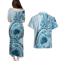 Aloha Hawaii Tapa Couples Matching Puletasi and Hawaiian Shirt Cool Turquoise Hawaiian Ipu - Polynesian Pride