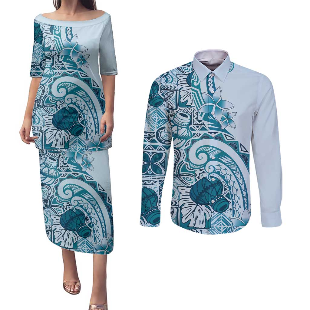 Aloha Hawaii Tapa Couples Matching Puletasi and Long Sleeve Button Shirt Cool Turquoise Hawaiian Ipu - Polynesian Pride