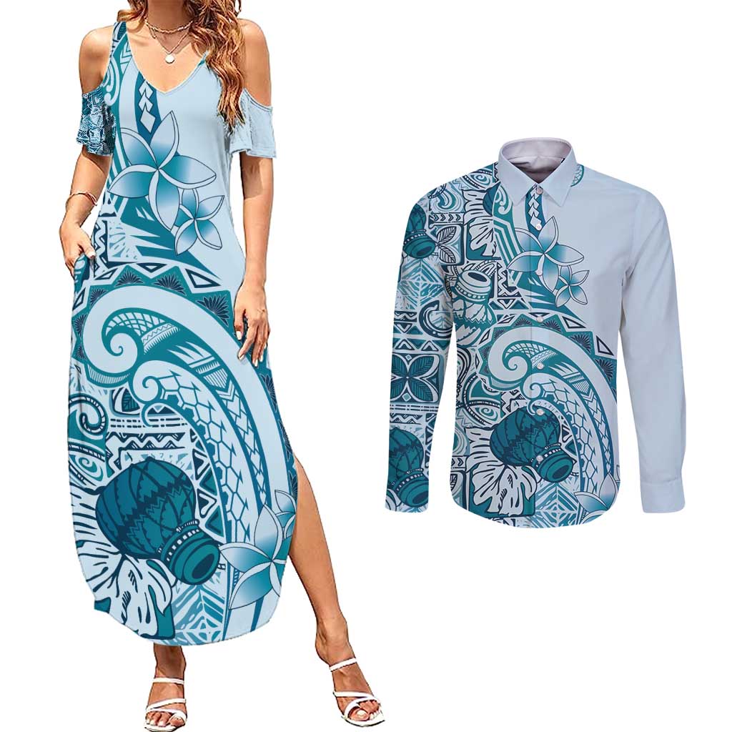 Aloha Hawaii Tapa Couples Matching Summer Maxi Dress and Long Sleeve Button Shirt Cool Turquoise Hawaiian Ipu LT7 Turquoise - Polynesian Pride