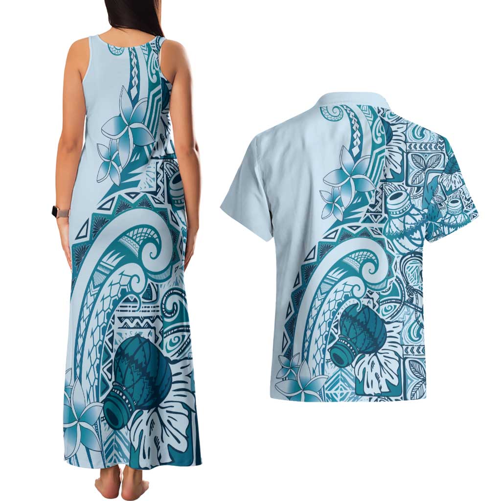 Aloha Hawaii Tapa Couples Matching Tank Maxi Dress and Hawaiian Shirt Cool Turquoise Hawaiian Ipu - Polynesian Pride