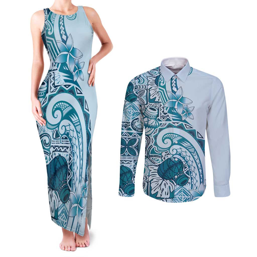 Aloha Hawaii Tapa Couples Matching Tank Maxi Dress and Long Sleeve Button Shirt Cool Turquoise Hawaiian Ipu - Polynesian Pride