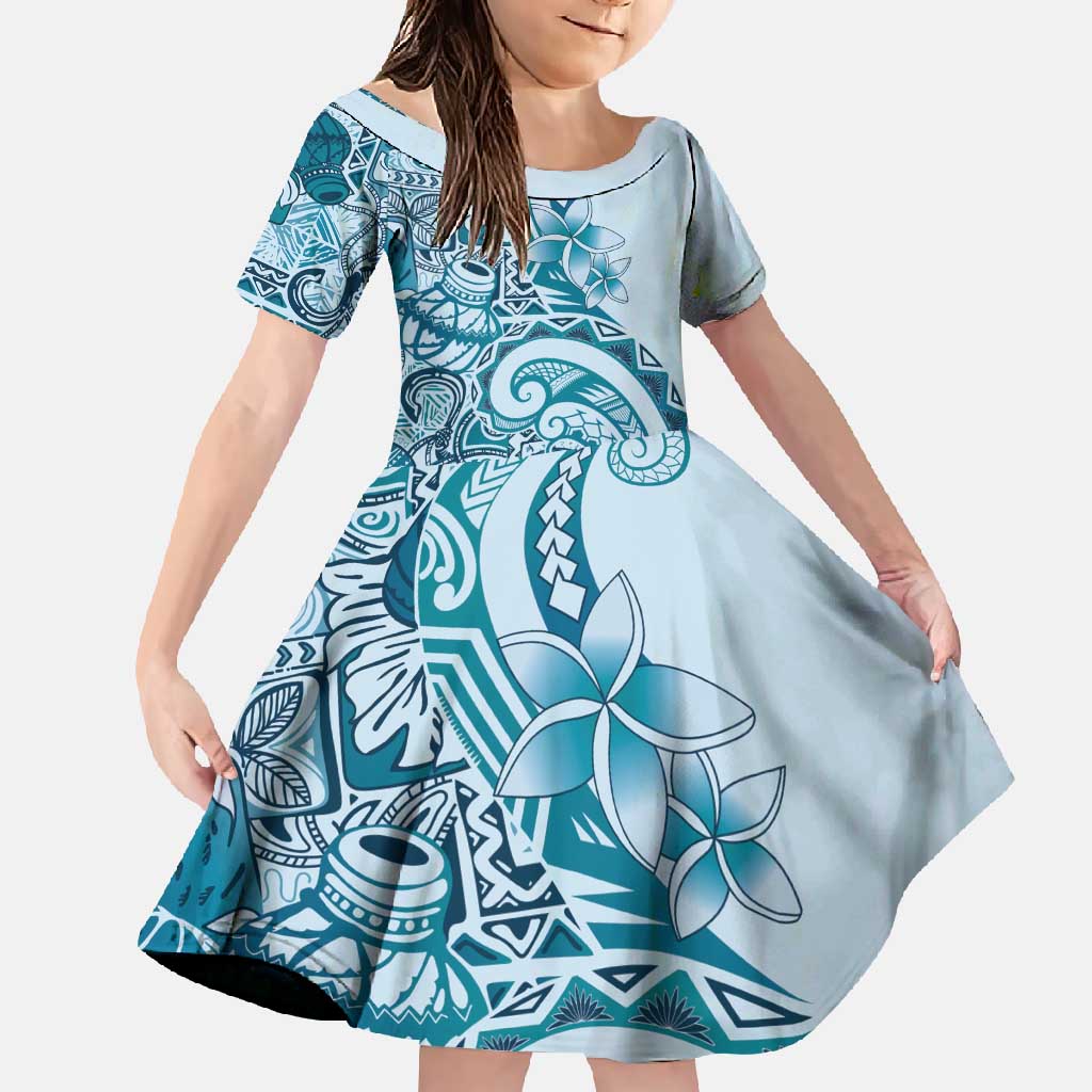 Aloha Hawaii Tapa Family Matching Long Sleeve Bodycon Dress and Hawaiian Shirt Cool Turquoise Hawaiian Ipu - Polynesian Pride