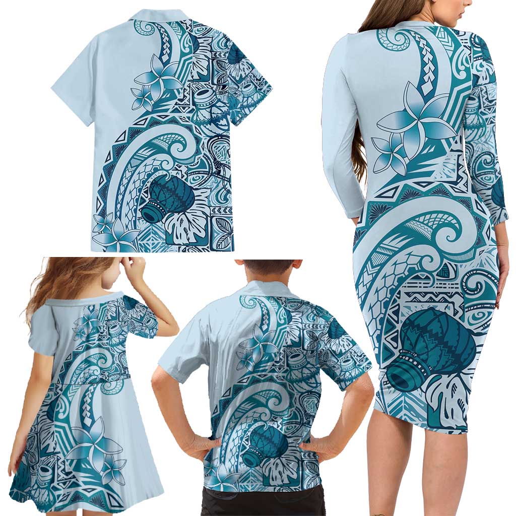 Aloha Hawaii Tapa Family Matching Long Sleeve Bodycon Dress and Hawaiian Shirt Cool Turquoise Hawaiian Ipu - Polynesian Pride