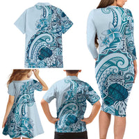 Aloha Hawaii Tapa Family Matching Long Sleeve Bodycon Dress and Hawaiian Shirt Cool Turquoise Hawaiian Ipu - Polynesian Pride