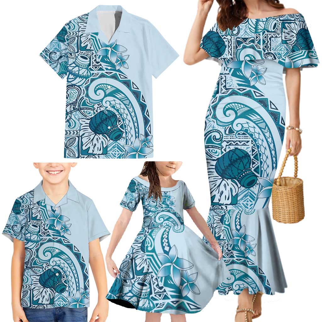 Aloha Hawaii Tapa Family Matching Mermaid Dress and Hawaiian Shirt Cool Turquoise Hawaiian Ipu - Polynesian Pride
