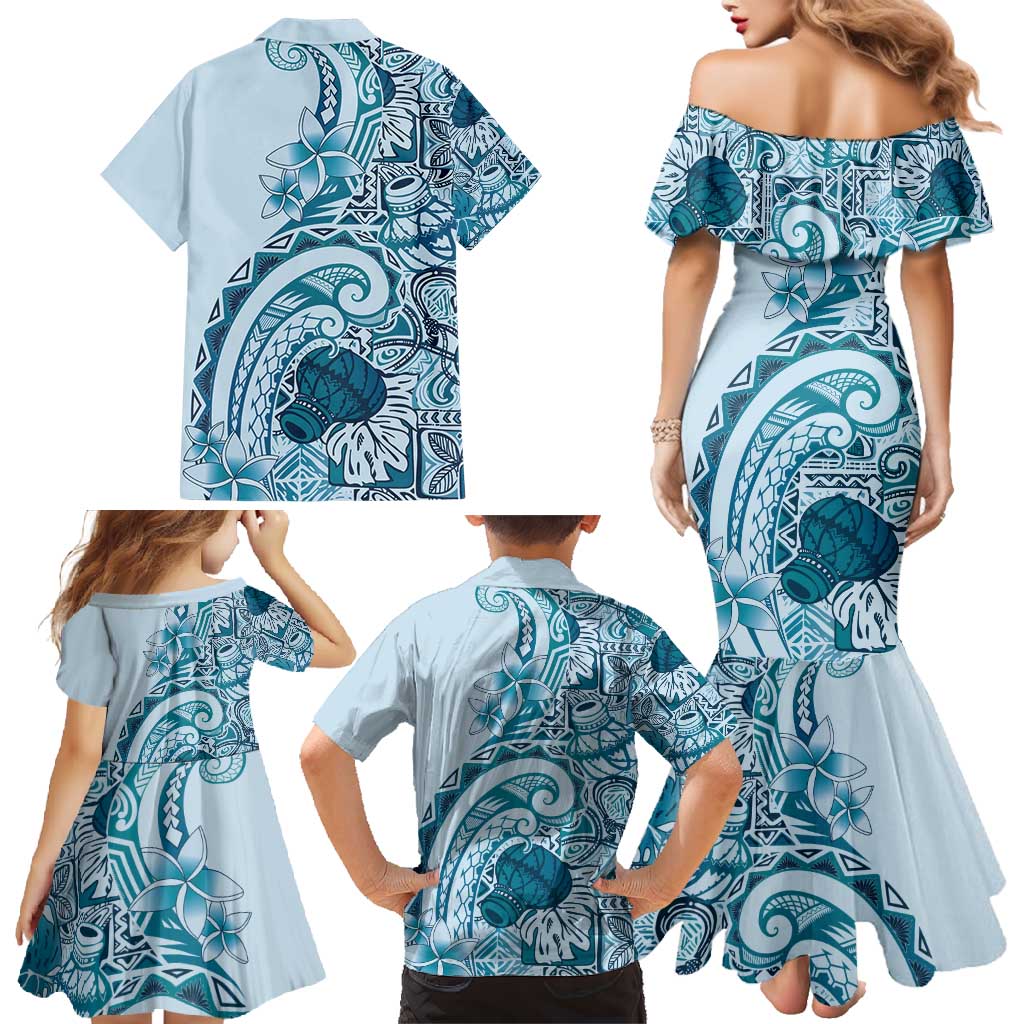 Aloha Hawaii Tapa Family Matching Mermaid Dress and Hawaiian Shirt Cool Turquoise Hawaiian Ipu - Polynesian Pride