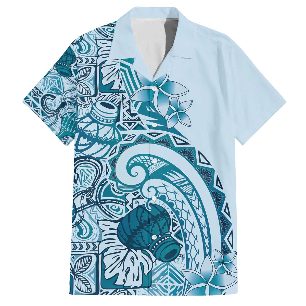 Aloha Hawaii Tapa Family Matching Off The Shoulder Long Sleeve Dress and Hawaiian Shirt Cool Turquoise Hawaiian Ipu - Polynesian Pride