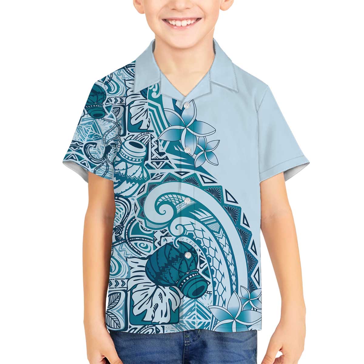 Aloha Hawaii Tapa Family Matching Off The Shoulder Long Sleeve Dress and Hawaiian Shirt Cool Turquoise Hawaiian Ipu - Polynesian Pride