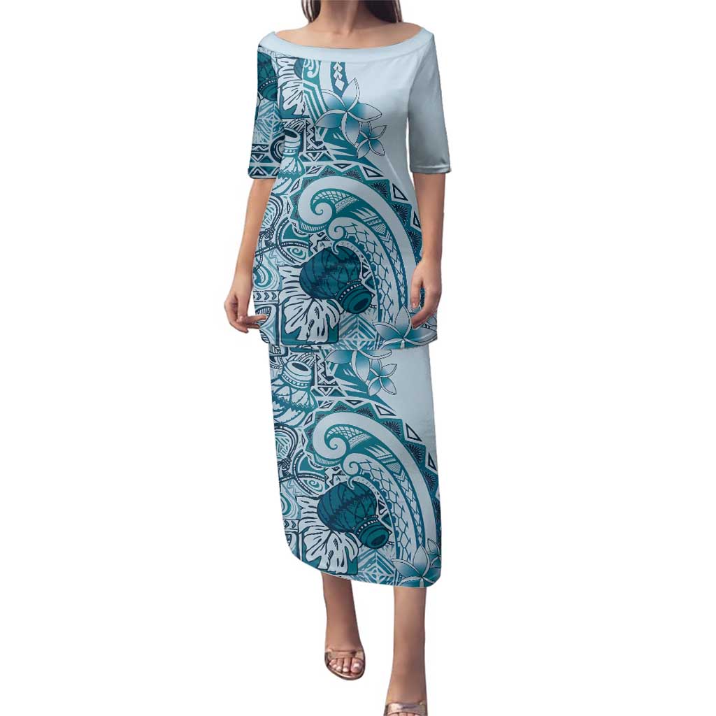 Aloha Hawaii Tapa Family Matching Puletasi and Hawaiian Shirt Cool Turquoise Hawaiian Ipu - Polynesian Pride