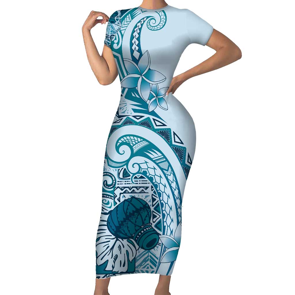 Aloha Hawaii Tapa Family Matching Short Sleeve Bodycon Dress and Hawaiian Shirt Cool Turquoise Hawaiian Ipu - Polynesian Pride