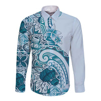 Aloha Hawaii Tapa Long Sleeve Button Shirt Cool Turquoise Hawaiian Ipu - Polynesian Pride