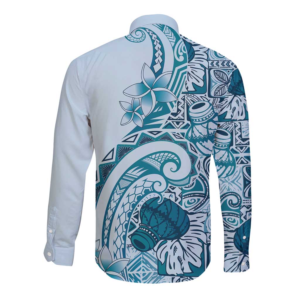 Aloha Hawaii Tapa Long Sleeve Button Shirt Cool Turquoise Hawaiian Ipu - Polynesian Pride