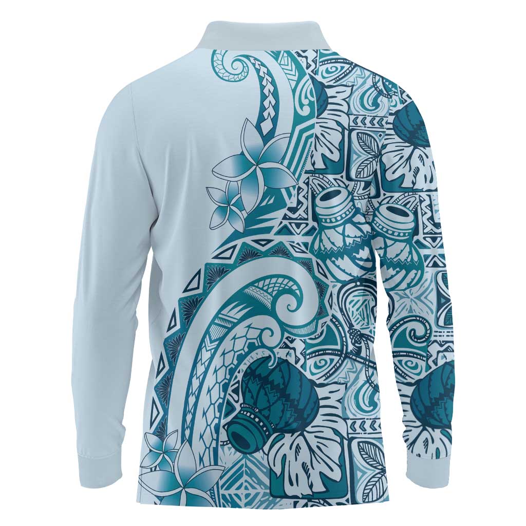 Aloha Hawaii Tapa Long Sleeve Polo Shirt Cool Turquoise Hawaiian Ipu - Polynesian Pride