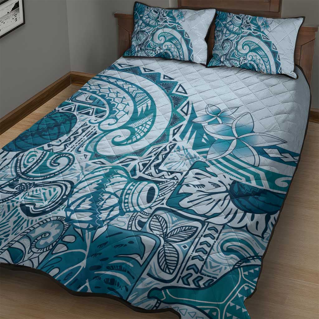 Aloha Hawaii Tapa Quilt Bed Set Cool Turquoise Hawaiian Ipu - Polynesian Pride