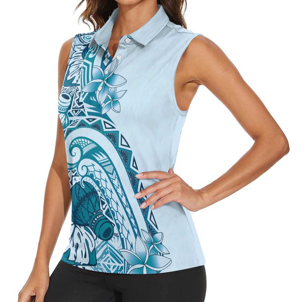Aloha Hawaii Tapa Women Sleeveless Polo Shirt Cool Turquoise Hawaiian Ipu - Polynesian Pride