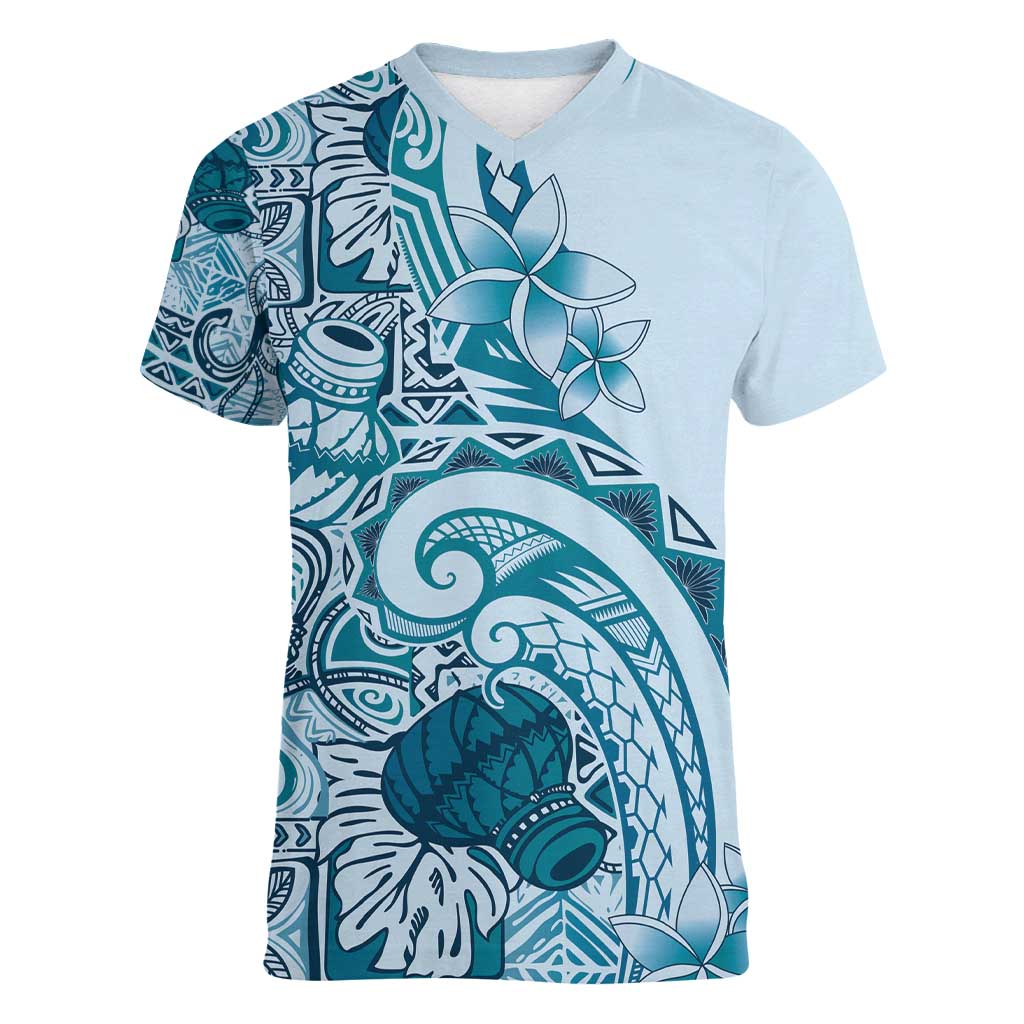 Aloha Hawaii Tapa Women V-Neck T-Shirt Cool Turquoise Hawaiian Ipu LT7 Female Turquoise - Polynesian Pride