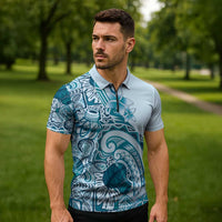 Aloha Hawaii Tapa Zipper Polo Shirt Cool Turquoise Hawaiian Ipu - Polynesian Pride