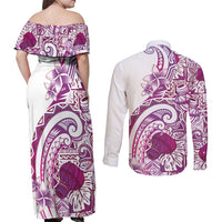 Aloha Hawaii Tapa Couples Matching Off Shoulder Maxi Dress and Long Sleeve Button Shirt Vibrant Fuchsia Hawaiian Ipu - Polynesian Pride