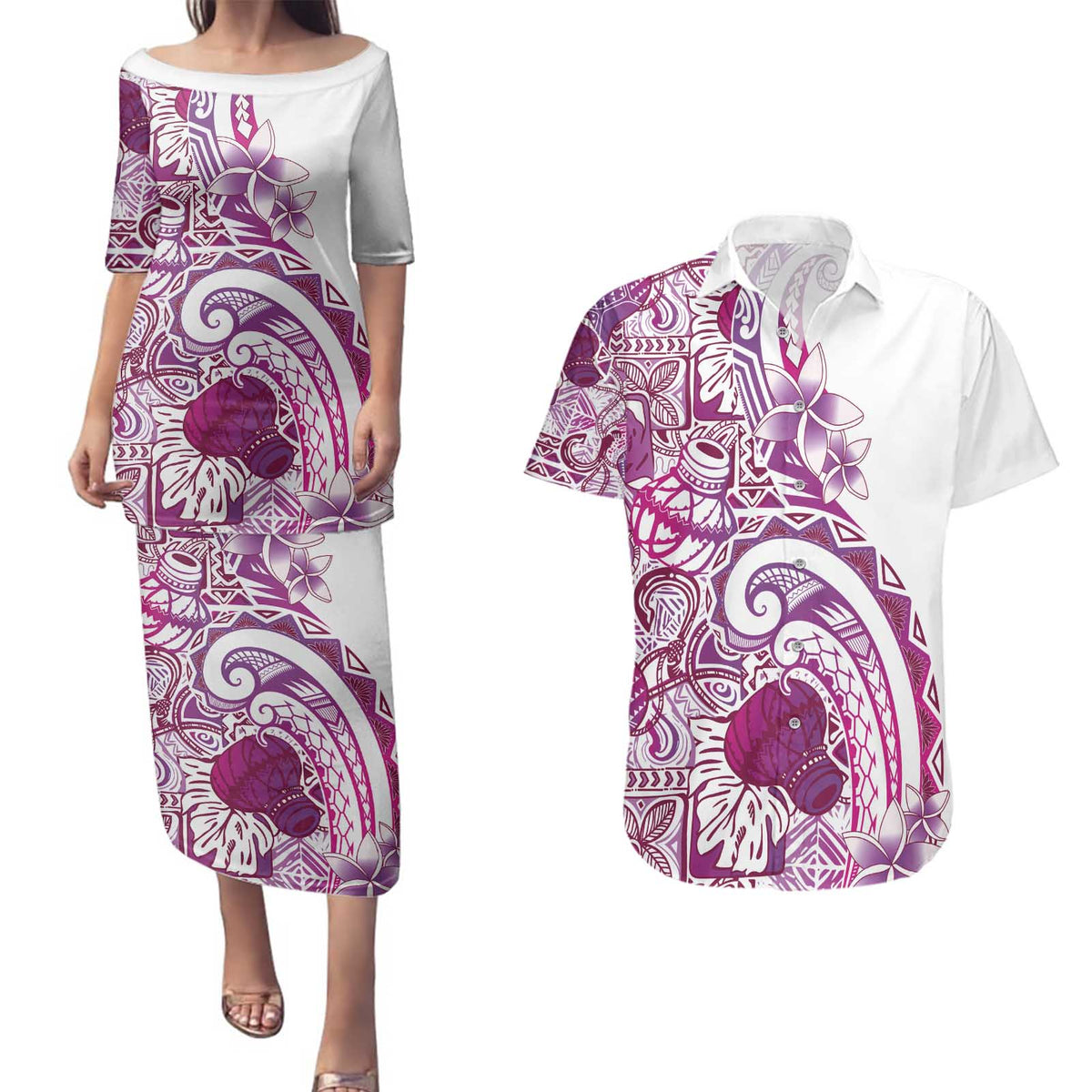 Aloha Hawaii Tapa Couples Matching Puletasi and Hawaiian Shirt Vibrant Fuchsia Hawaiian Ipu - Polynesian Pride