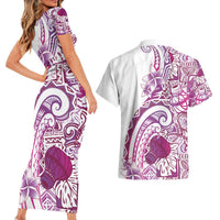 Aloha Hawaii Tapa Couples Matching Short Sleeve Bodycon Dress and Hawaiian Shirt Vibrant Fuchsia Hawaiian Ipu - Polynesian Pride