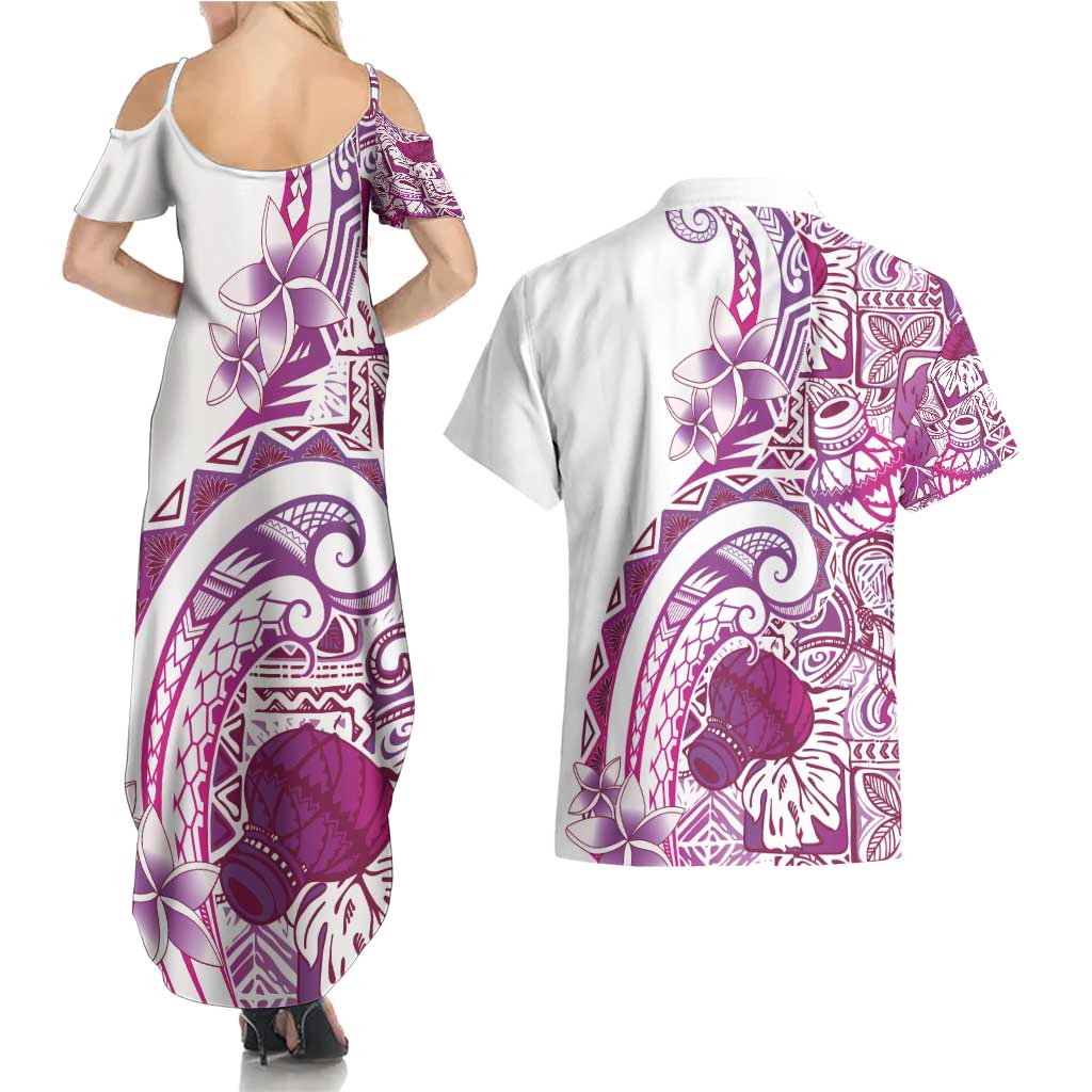 Aloha Hawaii Tapa Couples Matching Summer Maxi Dress and Hawaiian Shirt Vibrant Fuchsia Hawaiian Ipu - Polynesian Pride