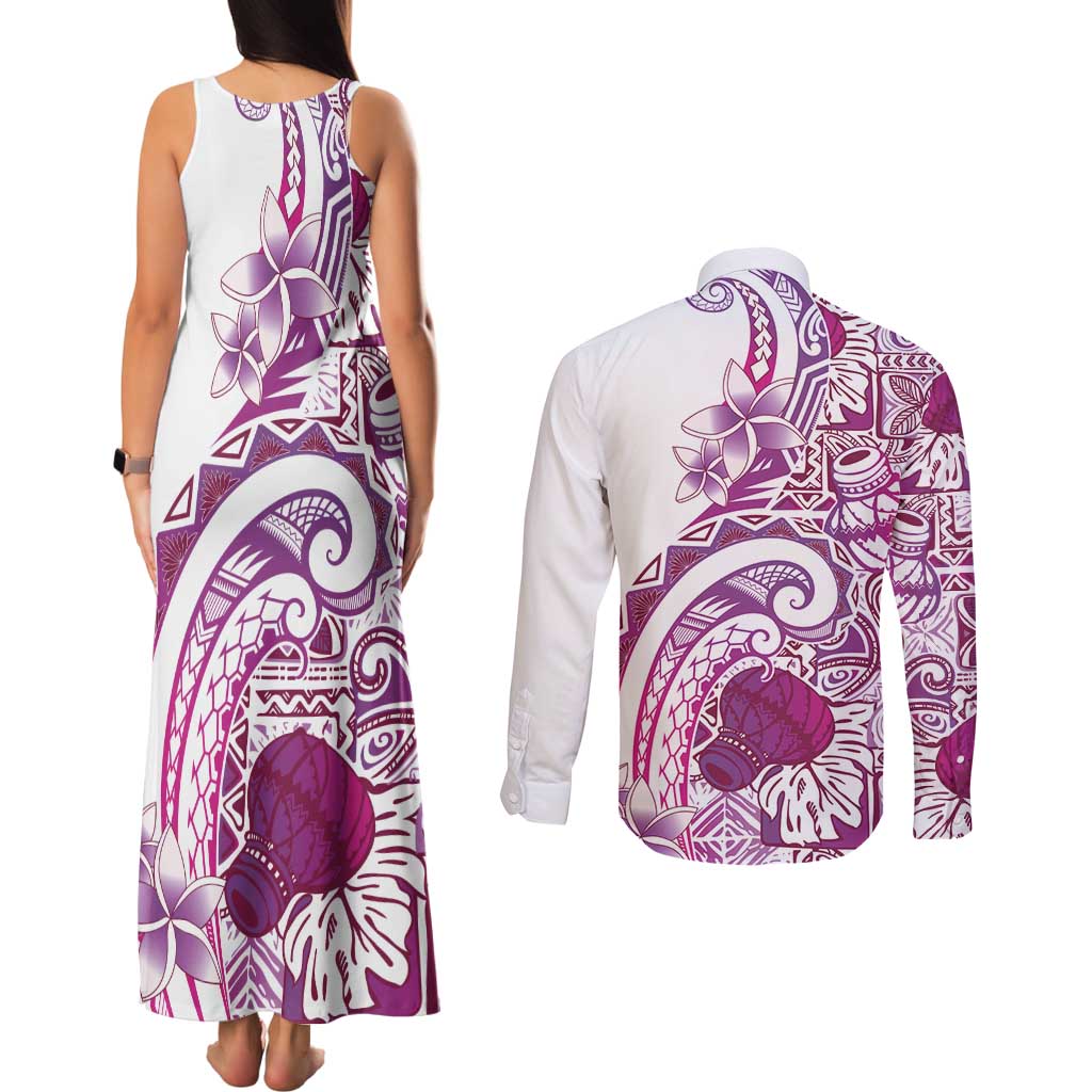 Aloha Hawaii Tapa Couples Matching Tank Maxi Dress and Long Sleeve Button Shirt Vibrant Fuchsia Hawaiian Ipu - Polynesian Pride