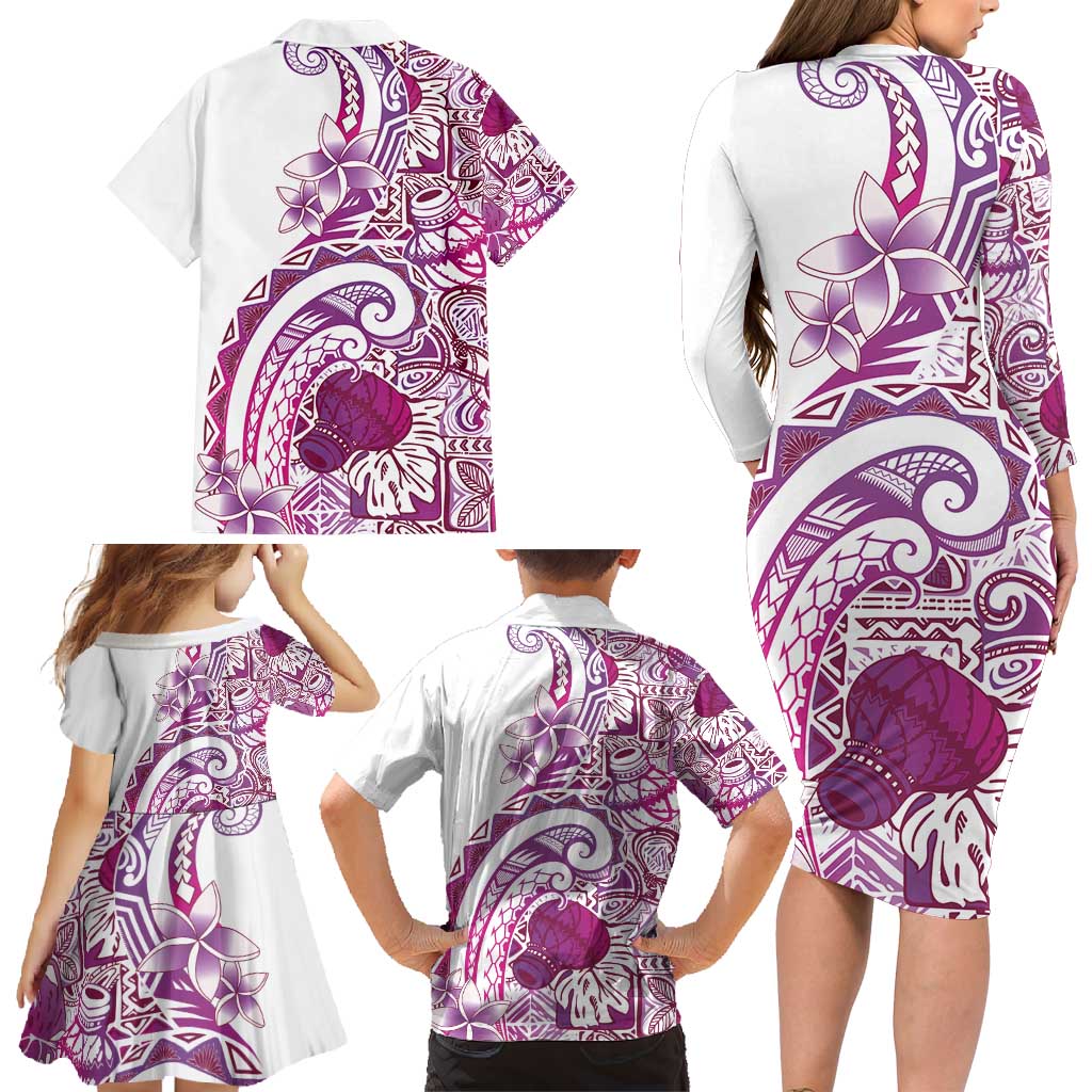 Aloha Hawaii Tapa Family Matching Long Sleeve Bodycon Dress and Hawaiian Shirt Vibrant Fuchsia Hawaiian Ipu - Polynesian Pride