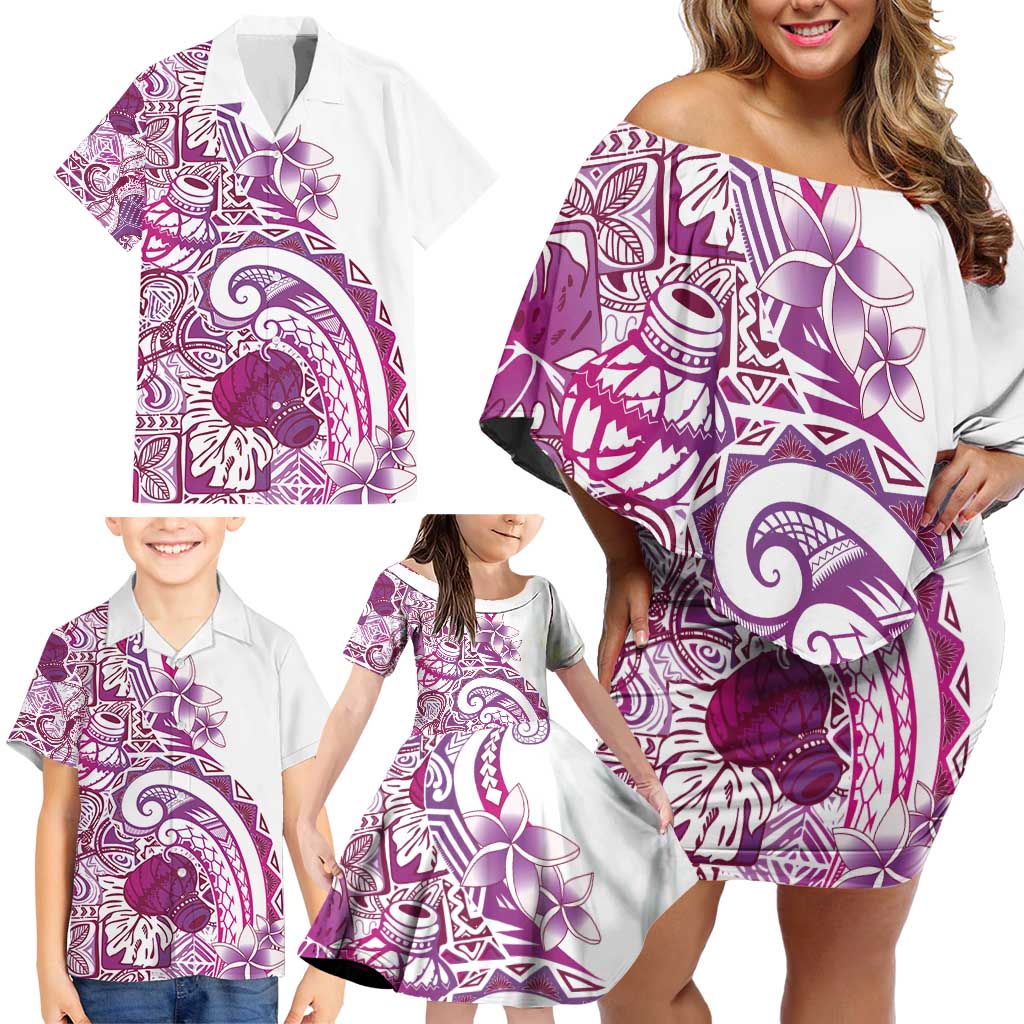 Aloha Hawaii Tapa Family Matching Off Shoulder Short Dress and Hawaiian Shirt Vibrant Fuchsia Hawaiian Ipu - Polynesian Pride