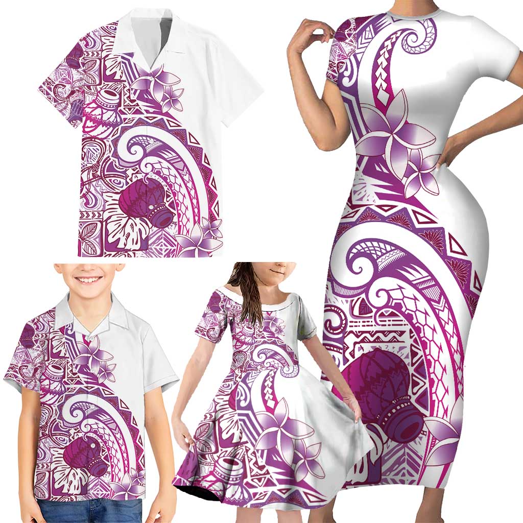 Aloha Hawaii Tapa Family Matching Short Sleeve Bodycon Dress and Hawaiian Shirt Vibrant Fuchsia Hawaiian Ipu - Polynesian Pride