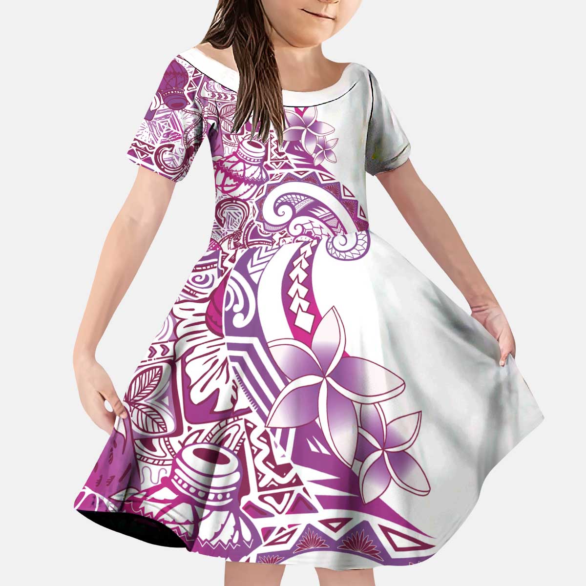 Aloha Hawaii Tapa Kid Short Sleeve Dress Vibrant Fuchsia Hawaiian Ipu - Polynesian Pride